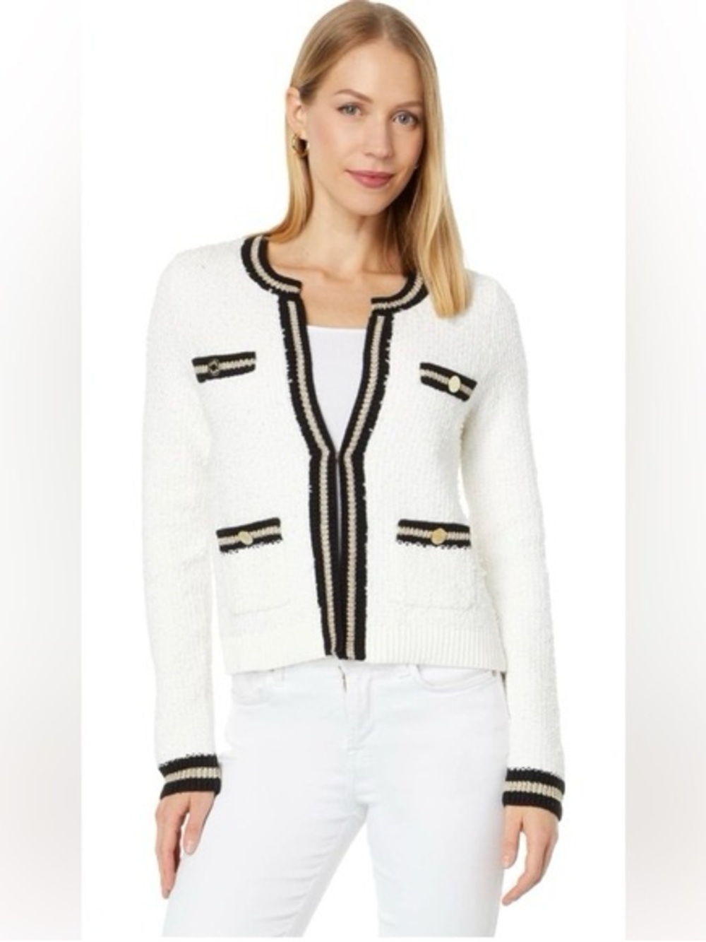 Lilly Pulitzer White Bouclé Cardigan with Black Trim and Gold Buttons
